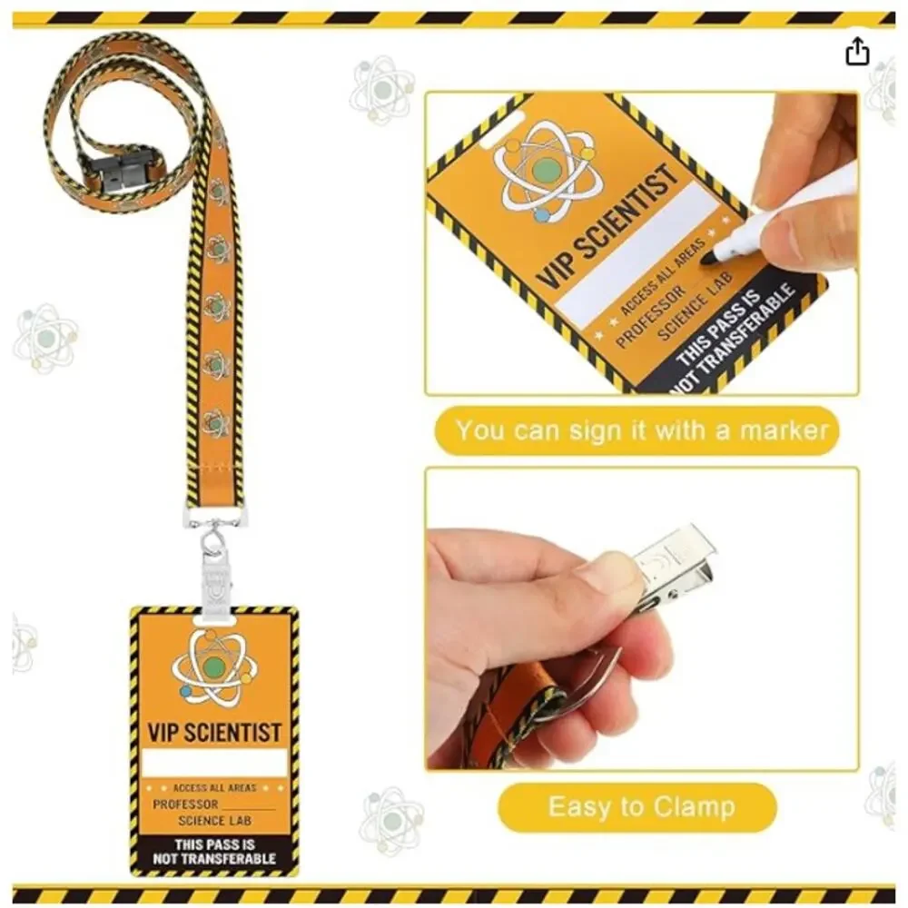 30 Sets Science Party VIP Pass Cards with Science Lanyards- 4 colors